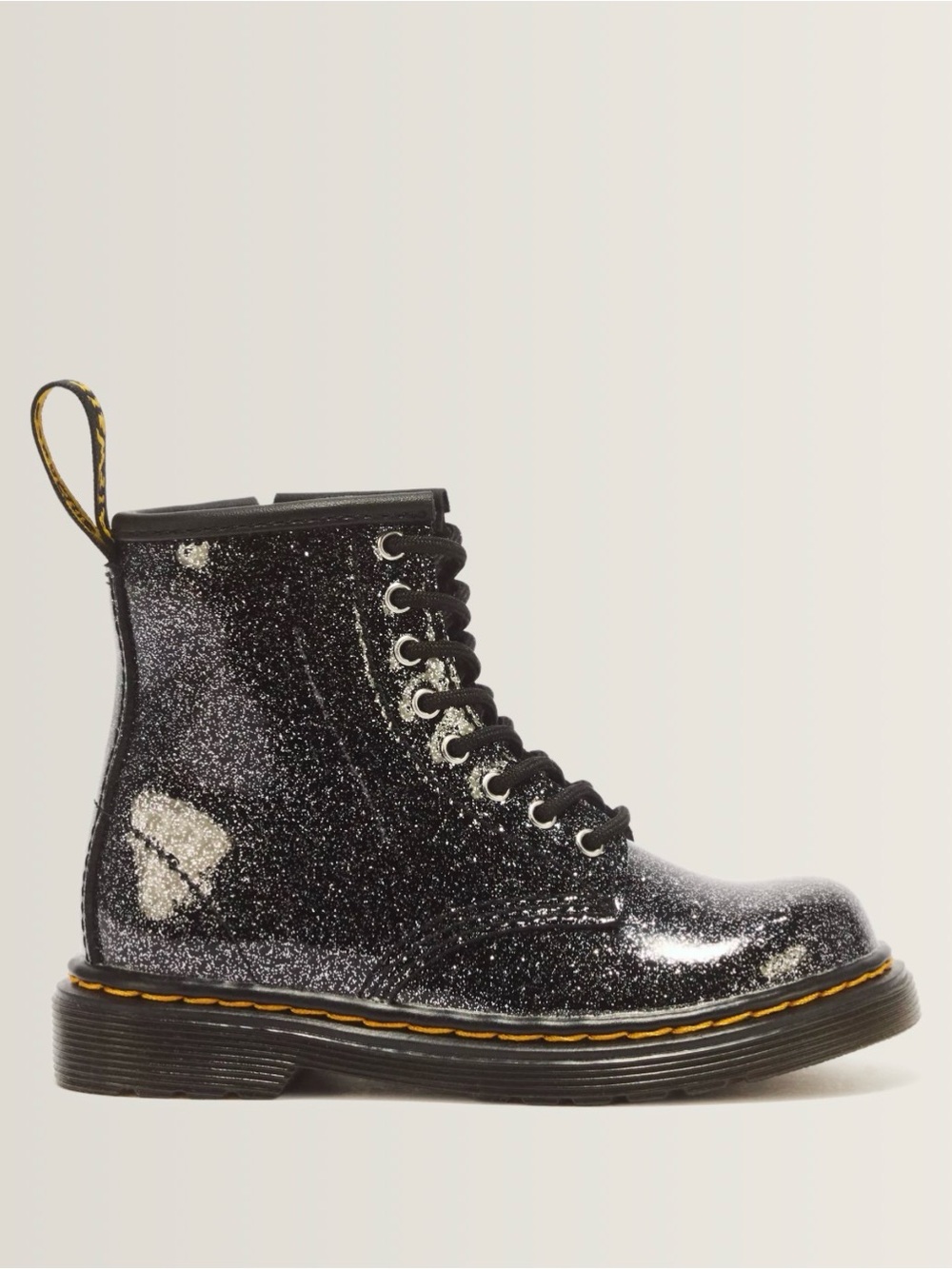Dr. Marten’s 1460 GLITTER PATENT LEATHER BOOTS IN BLACK+SILVER Size 5